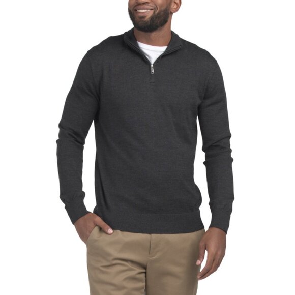CALVIN KLEIN Gunmetal Heather Merino Wool Blend Quarter Zip Sweater - Picture 1 of 2